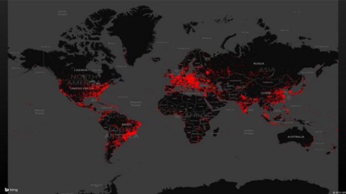Bản đồ thể hiện phạm vi lây nhiễm của Dorkbot trên toàn cầu trong 3 tháng trước khi bị đánh sập.