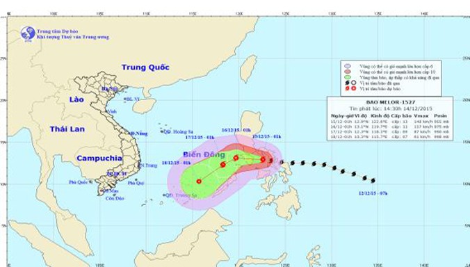 Dự báo đường đi và khu vực ảnh hưởng của bão Melor. Ảnh: Trung tâm Dự báo khí tượng thủy văn TƯ.