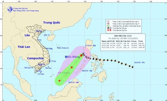 Dự báo đường đi và khu vực ảnh hưởng của cơn bão số 5. Ảnh: Trung tâm Dự báo khí tượng thủy văn TƯ.