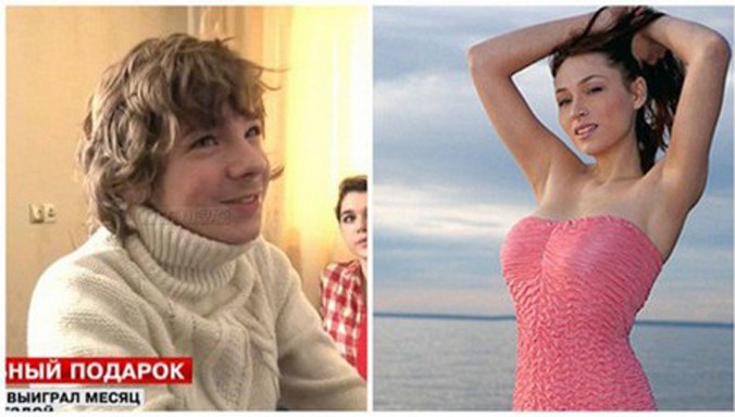 Cậu bé Ruslan (trái), người đã giành giải thưởng sống chung với nữ diễn viên khiêu dâm Ekaterina Makarova (phải) trong vòng một tháng tại khách sạn.
