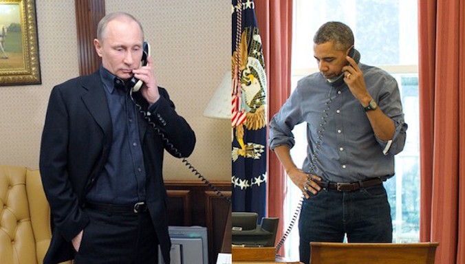 Tổng thống Nga Vladimir Putin và người đồng cấp Mỹ Barack Obama điện đàm. Ảnh minh họa: Moscow Times.