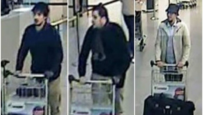 3 nghi phạm tỏng vụ đánh bom sân bay Brussels, trong đó tên áo trắng đang lẩn trốn. Ảnh: Daily Mail.