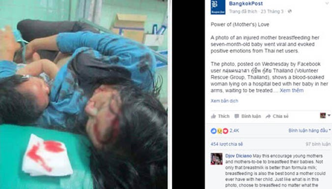 Bức ảnh mẹ cho con bú dù đang bị thương nặng gây xúc động cho nhiều người. Ảnh: Bangkok Post.
