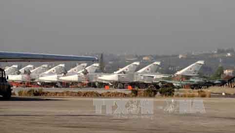 Các máy bay chiến đấu của Nga tại căn cứ quân sự ở tỉnh Latakia, miền tây bắc Syria ngày 16/2. Ảnh: AFP/TTXVN.