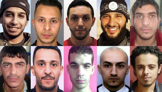 Chân dung các nghi phạm vụ tấn công khủng bố ở Paris ngày 13/11/2015, trong đó có hai nghi can chính Abdelhamid Abaaoud và Salah Abdeslam (hàng trên, ngoài cùng từ trái sang).