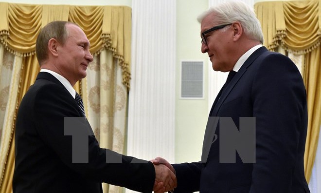 Tổng thống Nga Vladimir Putin tiếp Ngoại trưởng Đức Frank-Walter Steinmeier. Nguồn: AFP/TTXVN.