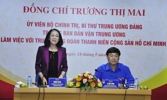 Ủy viên Bộ Chính trị, Bí thư T.Ư Đảng, Trưởng ban Dân vận T.Ư Trương Thị Mai tới thăm và làm việc với Ban Bí thư T.Ư Đoàn. Ảnh: Đông Hà.