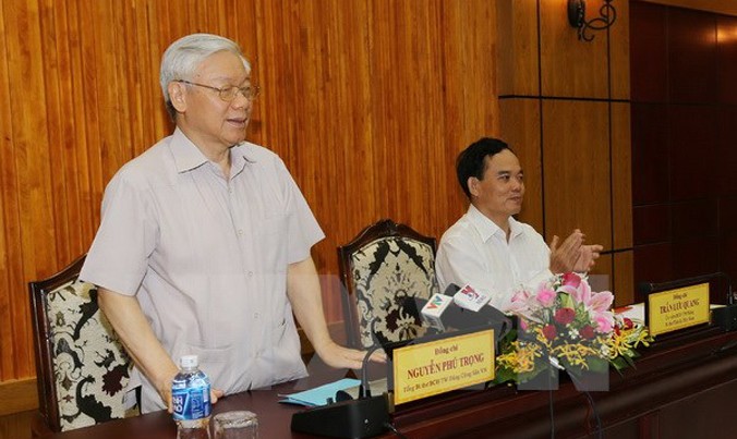 Tổng Bí thư Nguyễn Phú Trọng phát biểu tại buổi làm việc với Ban Thường vụ và cán bộ chủ chốt tỉnh Tây Ninh. Ảnh: Trí Dũng/TTXVN.