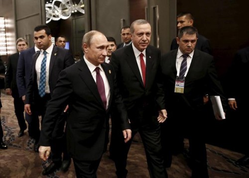 Tổng thống Thổ Nhĩ Kỳ Recep Tayyip Erdogan và Tổng thống Vladimir Putin tại hội nghị G20 năm ngoái. Ảnh: Reuters.