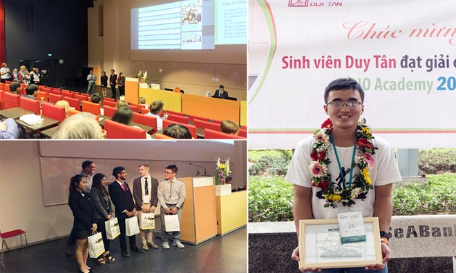 Sinh viên Tôn Thất Bình - ĐH Duy Tân thuyết trình chính và nhận giải cùng đội tuyển vô địch CDIO Academy 2016.