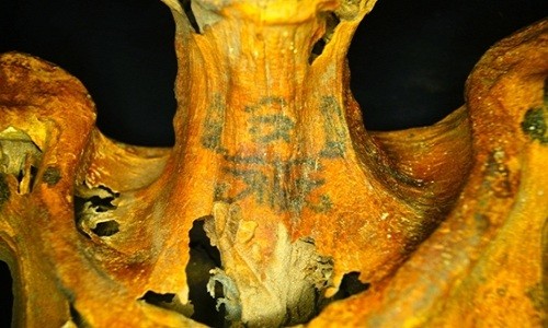 Hình xăm những con mắt thần Wadjet trên cổ xác ướp. Ảnh: Anne Austin.