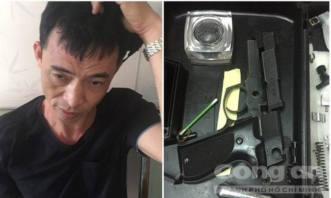 Ông trùm Lê Văn Phương cùng khẩu súng ngắn bị công an thu giữ. Ảnh: Tuấn Thành.
