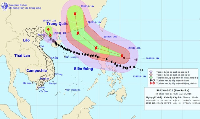 Vị trí và dự báo đường đi của bão số 7 và siêu bão Haima. Nguồn: Trung tâm dự báo khí tượng thủy văn Trung ương.