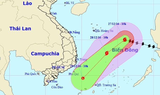 Dự báo đường đi và khu vực ảnh hưởng của cơn bão số 10. Ảnh: NCHMF.