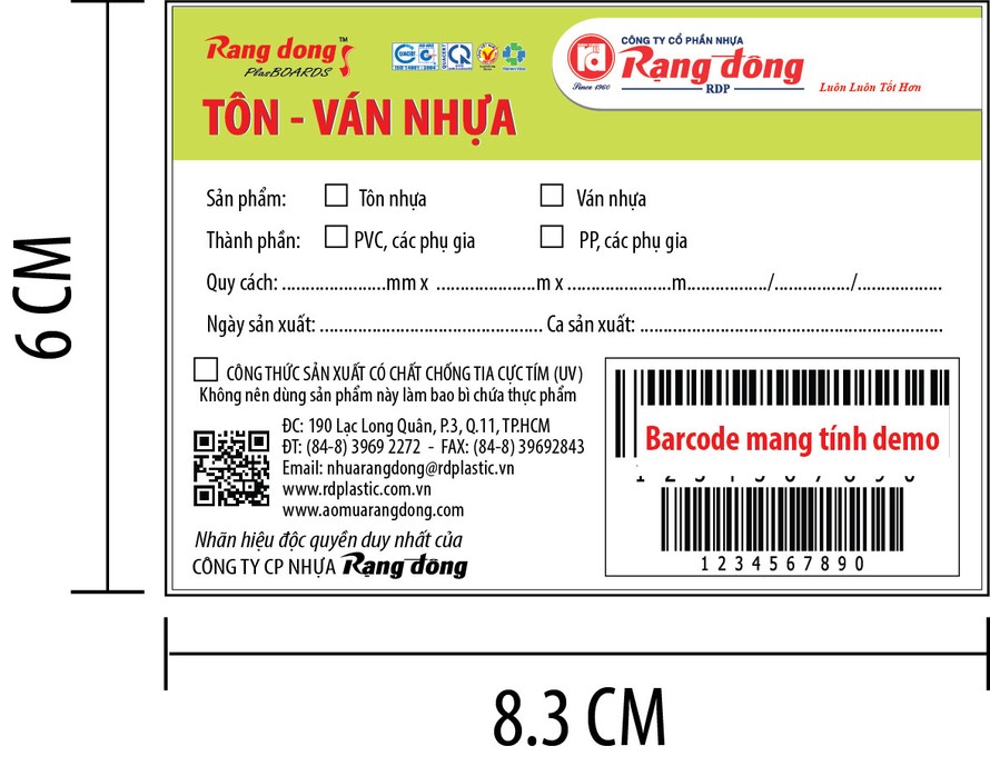 Nhãn mới Tôn – Ván nhựa của Công ty CP Nhựa Rạng Đông có mã vạch (barcode).