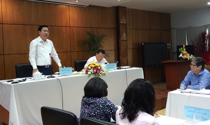 Bí thư Thành ủy TP.HCM Đinh La Thăng trong buổi làm việc với Đảng ủy khối các trường Đại học, Cao Đẳng và Trung cấp chuyên nghiệp.