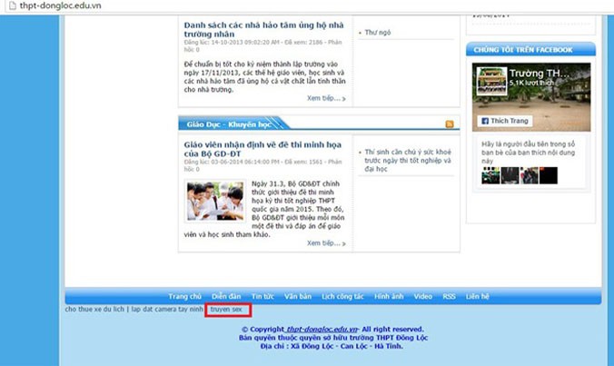 Trang web trường THPT Đồng Lộc bị chèn link đến web "bẩn". Ảnh chụp màn hình.