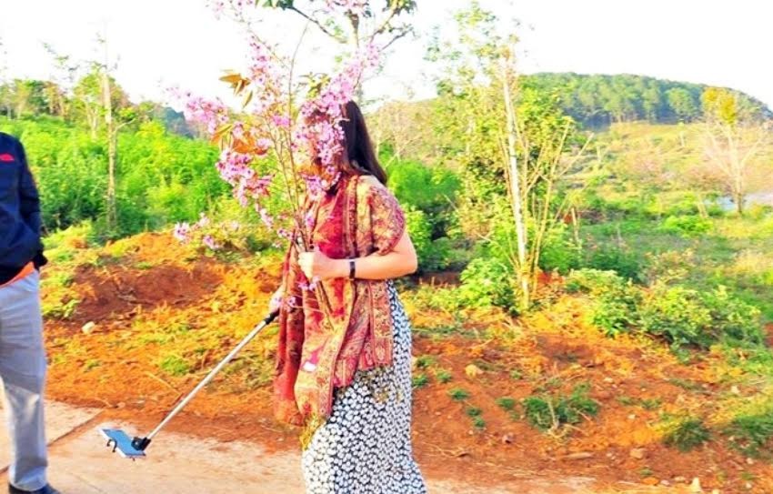 Hình ảnh bà Hiếu cầm bó hoa mai anh đào lan truyền trên mạng