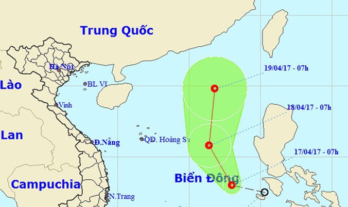 Vị trí và hướng di chuyển của áp thấp nhiệt đới trên Biển Đông (Ảnh: NCHMF).