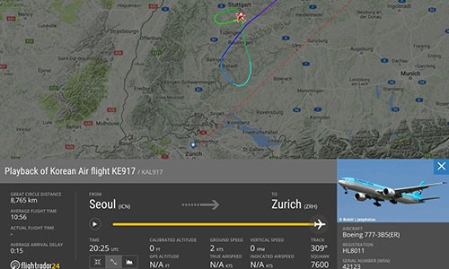 Máy bay của Hàn Quốc phải bay vòng do mất liên lạc với không lưu. Ảnh: Flightradar24.