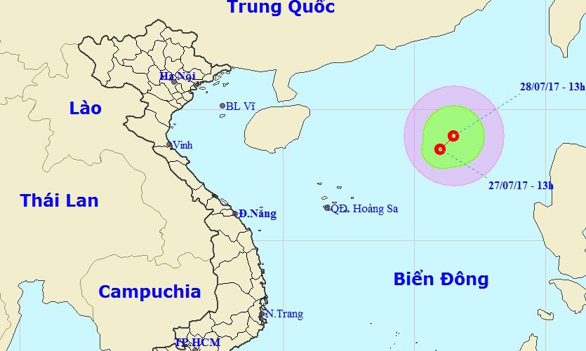 Vị trí và đường đi của áp thấp nhiệt đới. Nguồn: nchmf.gov.vn.