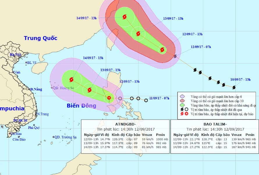 Vị trí, hướng di chuyển của bão Talim (hình trên) và áp thấp nhiệt đới. Ảnh: NCHMF.