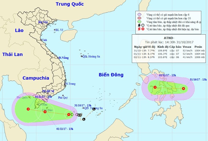 Dự báo đường đi và vị trí của hai áp thấp nhiệt đới. Ảnh: NCHMF.