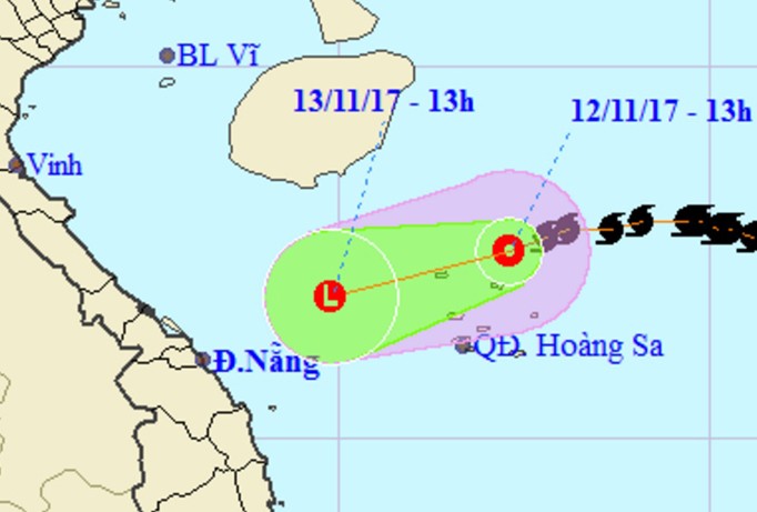Vị trí và hướng di chuyển của áp thấp nhiệt đới. Ảnh: NCHMF.