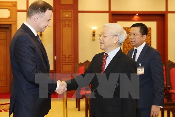 Tổng Bí thư Nguyễn Phú Trọng tiếp Tổng thống Cộng hòa Ba Lan Andrzej Duda thăm cấp Nhà nước tới Việt Nam. (Ảnh: Trí Dũng/TTXVN)