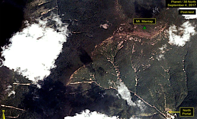 Theo ảnh chụp vệ tinh, quanh khu vực thử hạt nhân của Triều Tiên đã xuất hiện nhiều điểm sụt lún. Ảnh: 38North.