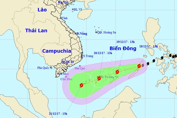 Vị trí và hướng di chuyển của bão Kai-tak (cơn bão số 15). Ảnh: NCHMF.
