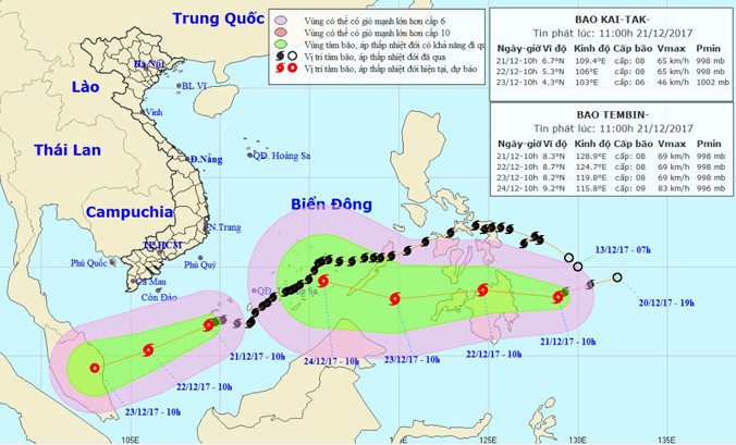 Vị trí và hướng di chuyển của bão số 15 và bãoTembin. Ảnh: NCHMF.