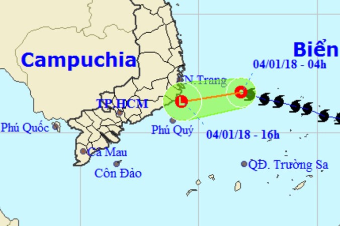 Vị trí và hướng di chuyển của áp thấp nhiệt đới (suy yếu từ cơn bão số 1). Ảnh: NCHMF.