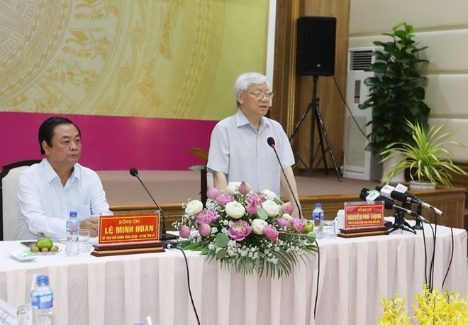 Tổng Bí thư Nguyễn Phú Trọng phát biểu tại buổi làm việc với Ban Thường vụ Tỉnh ủy và lãnh đạo chủ chốt tỉnh Đồng Tháp. Ảnh: Trí Dũng/TTXVN.