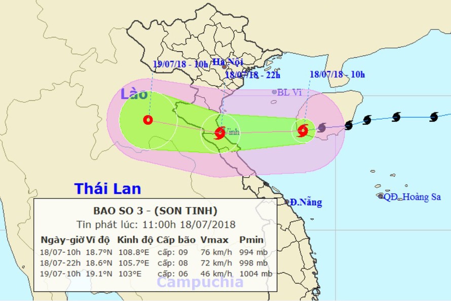 Chiều tối nay (18/7), bão Sơn Tinh sẽ ảnh hưởng trực tiếp đến khu vực ven biển các tỉnh từ Thái Bình đến Quảng Bình. Ảnh: Ảnh: NCHMF.