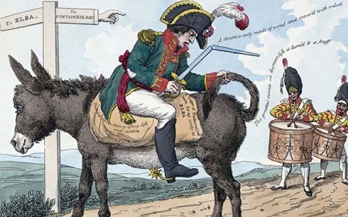 Tranh biếm họa về Hoàng đế Napoleon bị đánh bại và đưa đi đày. Ảnh: WHO.