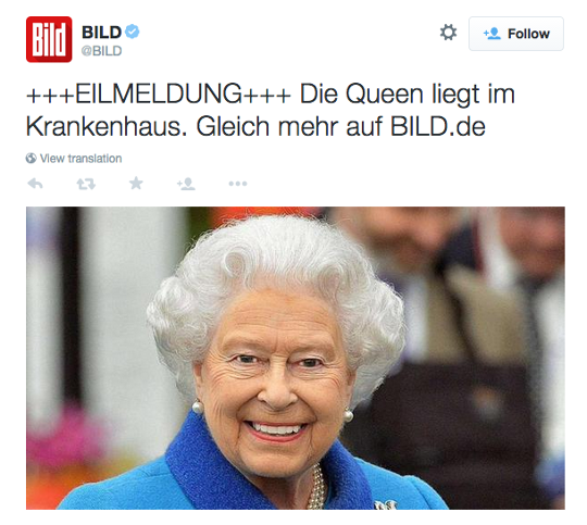 Báo Đức dẫn nguồn tin từ BBC nói rằng, Nữ hoàng Elizabeth II đang trong bệnh viện.