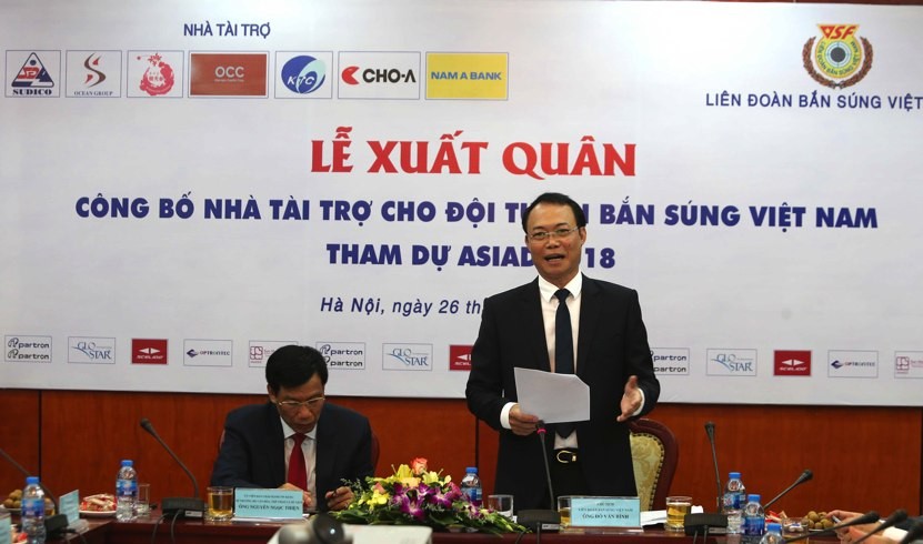 Chủ tịch Liên đoàn bắn súng Đỗ Văn Bình phát biểu tại Lễ xuất quân đội tuyển bắn súng Việt Nam tham dự Asiad 2018.