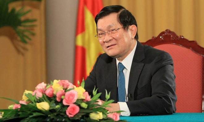 Chủ tịch nước Trương Tấn Sang có bài phát biểu quan trọng trước thềm năm mới 2015. (Ảnh: Nguyễn Khang/TTXVN)