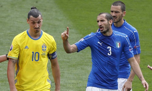 Việc các trung vệ đều đã dính thẻ là bất lợi cho Italy ở vòng 1/8. Ảnh: Reuters. 