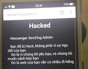 Lời cảnh báo của tin tặc trên website sân bay Tân Sơn Nhất.