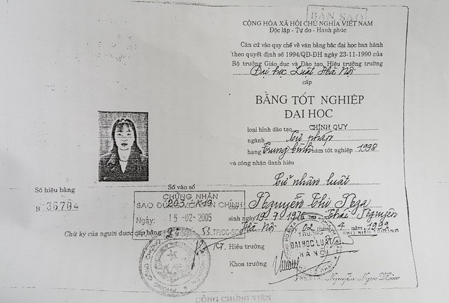 Bằng tốt nghiệp Đại học Luật Hà Nội của bà Nguyễn Thị Nga - Thẩm phán TAND thành phố Thái Nguyên, tỉnh Thái Nguyên vừa bị thu hồi (Ảnh: Thế Kha).