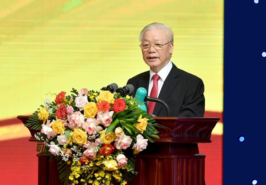 Tổng Bí thư Nguyễn Phú Trọng phát biểu tại Lễ kỷ niệm (ảnh TTXVN)