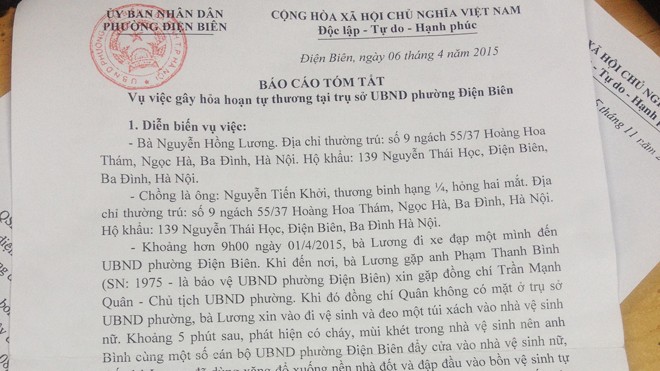 Báo cáo tóm tắt vụ việc của UBND phường Điện Biên