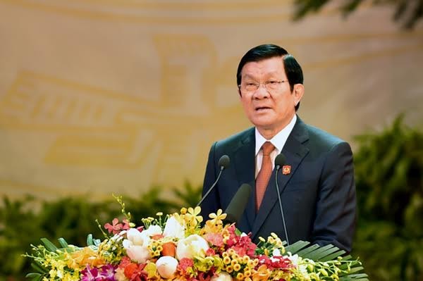 Chủ tịch nước Trương Tấn Sang phát biểu tại Lễ kỷ niệm 70 năm Ngày truyền thống lực lượng CAND, 10 năm Ngày hội "Toàn dân bảo vệ ANTQ" sáng 18/8. Ảnh: Như Ý