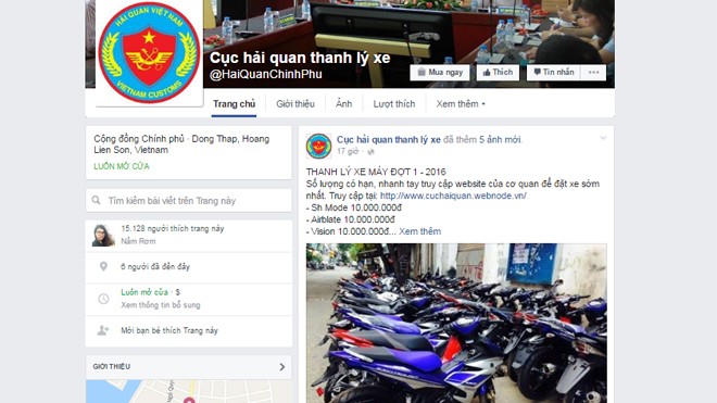 Trang mạng xã hội giả mạo Hải quan Đồng Tháp để rao bán xe