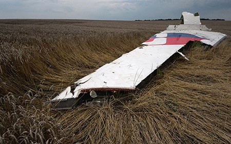 Phần cánh còn sót lại của chiếc chuyến bay xấu số MH17 bị rơi ở Ukraine ngày 11.7 khiến toàn bộ 298 người thiệt mạng. 