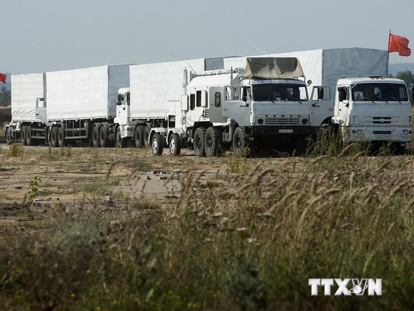 Đoàn xe chở hàng cứu trợ của Nga chờ ở một địa điểm thuộc ngoại ô Voronezh, cách thủ đô Moskva khoảng 400km, ngày 13/8. (Nguồn: AFP/TTXVN)