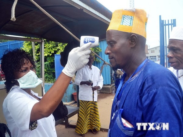 Nhân viên y tế kiểm tra thân nhiệt của hành khách tại một bến tàu ở Conakry, Guinea, nhằm ngăn chặn sự lây lan của virus Ebola. (Ảnh: AFP/TTXVN)