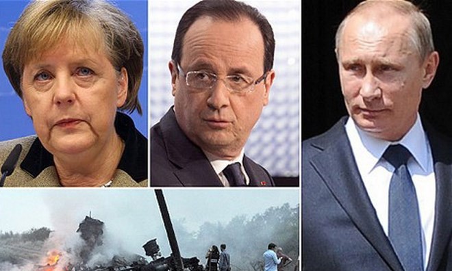 Đề xuất của ông Putin bị Thủ tướng Đức Angela Merkel và Tổng thống Pháp Francois Hollande bác bỏ. (Nguồn: telegraph.co.uk)